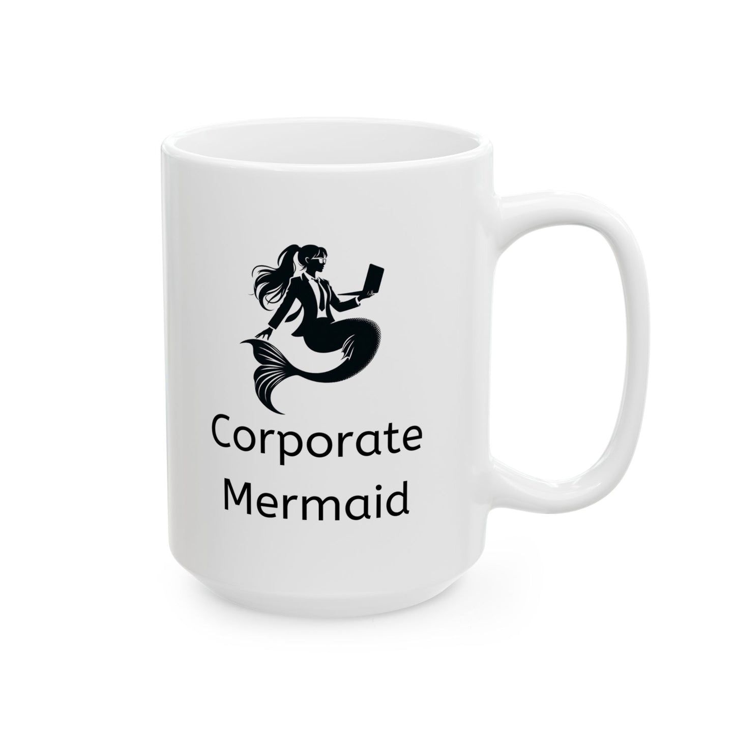 White ceramic coffee mug with corporate mermaid wordmark and logo, which is a black and white design of a mermaid wearing a suit, glasses, ponytail and holding an open laptop