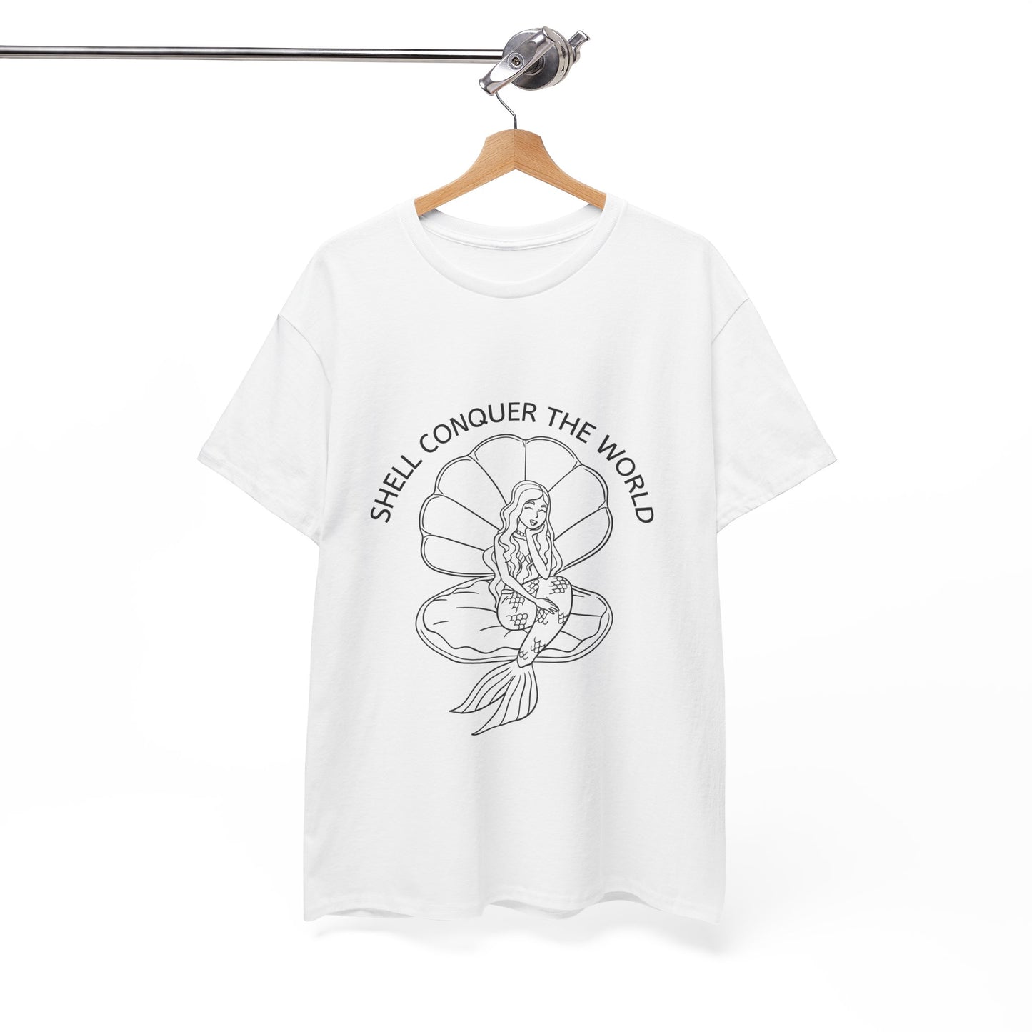 White unisex short sleeve t-shirt hanging on a hanger, with a mermaid sitting in an open oyster shell, with the words "SHELL CONQUER THE WORLD" written in an arc above the image. 