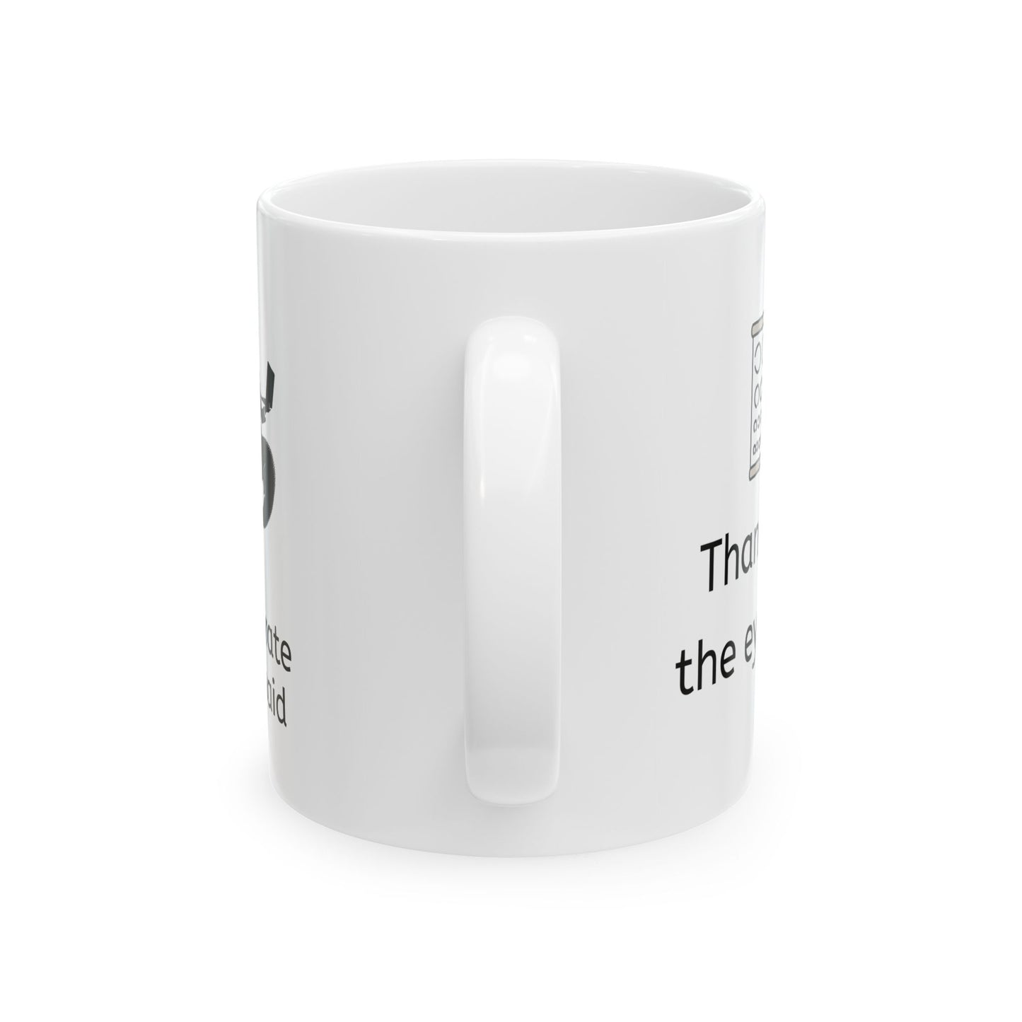 White ceramic corporate jargon office humor coffee mug handle side