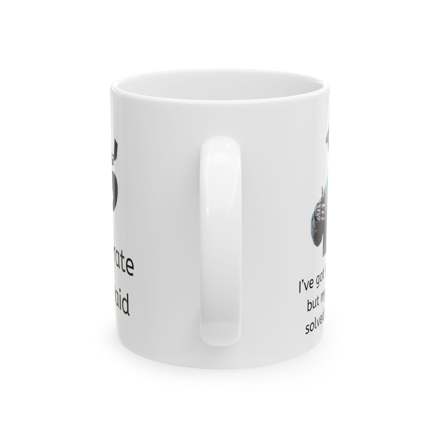 white ceramic coffee mug about AI, handle side