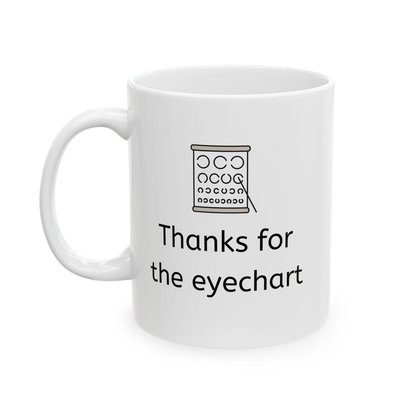 White ceramic corporate jargon office humor coffee mug front with an eyechart illustration and the phrase "thanks for the eyechart"