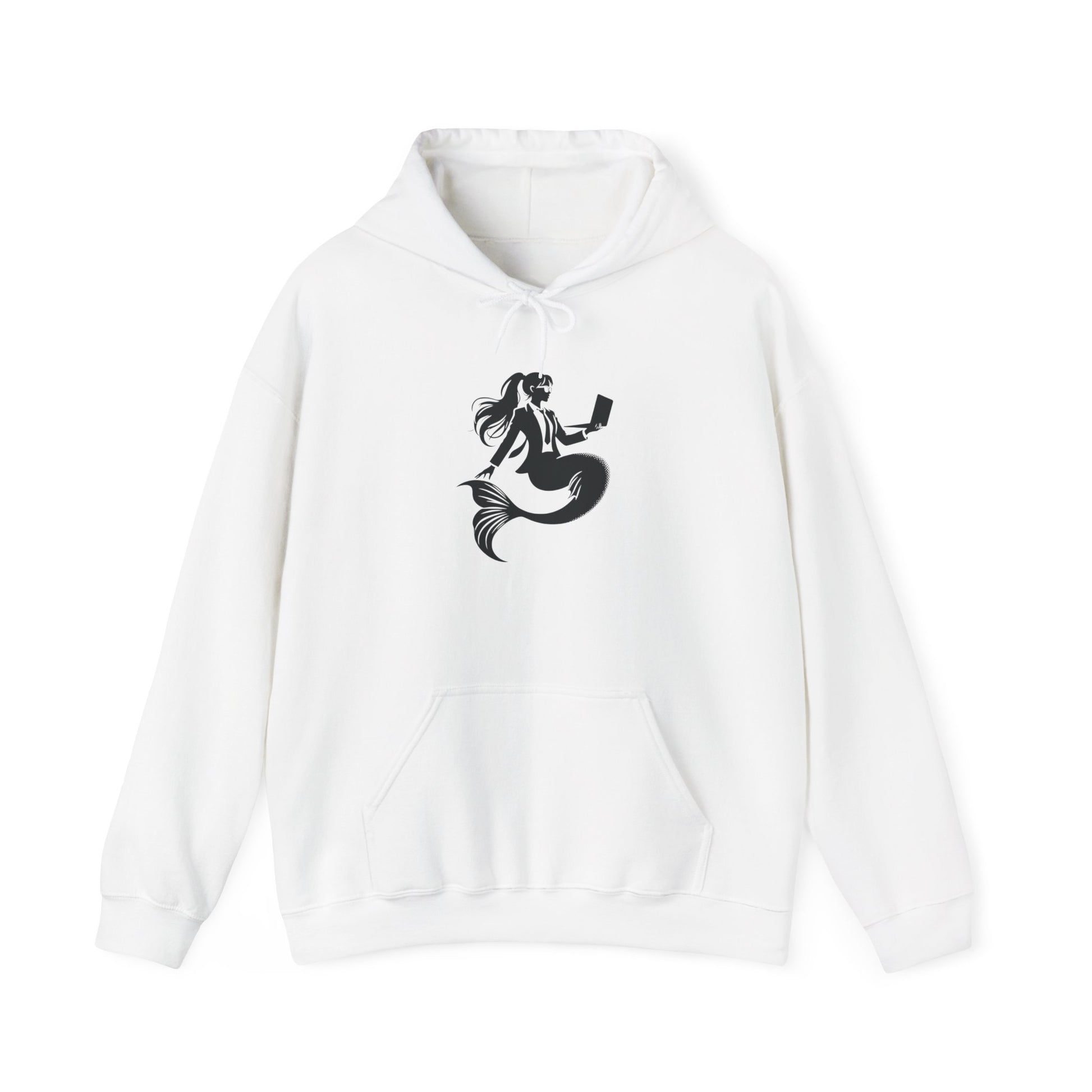 White hoodie with black and white corporate mermaid logo, which is a mermaid wearing glasses, a suit, and hair in a ponytail holding an open laptop