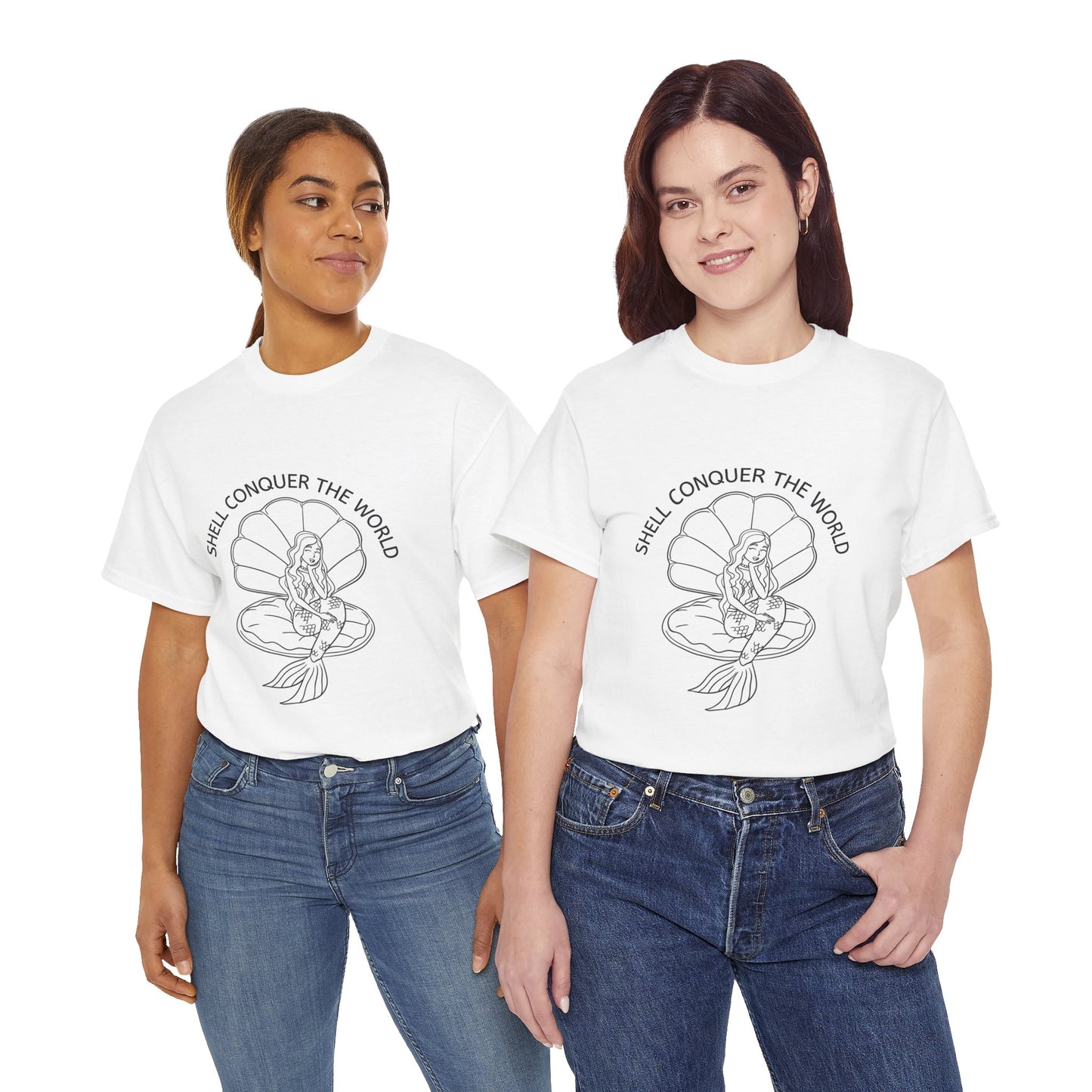 White unisex short sleeve t-shirts worn by two female models, who are wearing the tshirts and jeans. The design on the white tee is of a mermaid sitting in an open oyster shell, with the words "SHELL CONQUER THE WORLD" written in an arc above the image. 