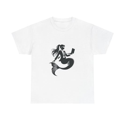 White tee with a corporate mermaid logo, which is a black and white design of a mermaid wearing a suit and glasses with her hair in a ponytail and holding an open laptop